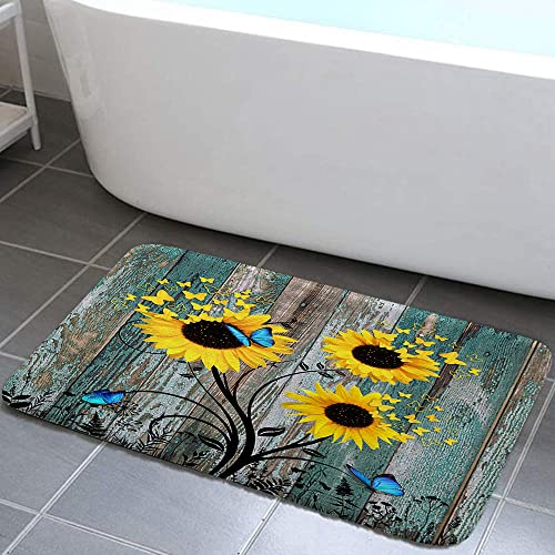 Teal Blue Sunflower Bath Rug 17x29 Inch - Waterproof Non-Slip Butterfly Design