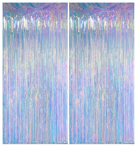 Melsan Iridescent Tinsel Backdrop Curtain - 2 Pack, 3.2ft x 8ft Foil Decor