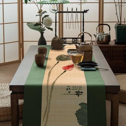 Asian Style Bamboo Table Runner - Meditation Design, 12x72 Inch