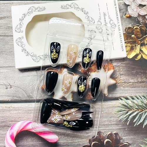 Christmas Press on Nails Medium Almond Fake Nails Glitter French Tip