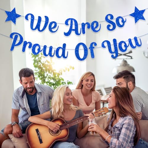 Blue Glittery 'We Are So Proud of You' Graduation Banner - Pre-Strung Decoration