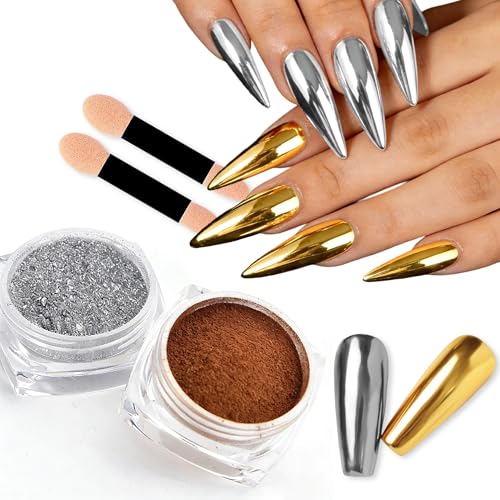 UTLANEYA 2Pcs Gold and Silver Chrome Nail Powder Metallic Mirror Effect Pigment