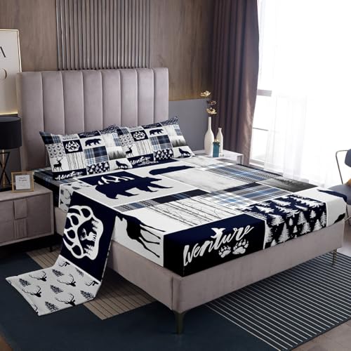 Kids Queen Size Bedding Set - Deer Bear Wolf Hunting Adventure Geometric Plaid Blue Christmas 4pcs