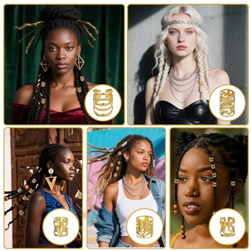 Ouligay 100Pcs Gold Hair Cuffs and Charms Rings for Braids and Dreadlocks