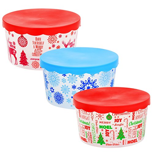 Set of 3 Christmas Plastic Food Storage Containers with Lids - Snowflakes Deer Tree