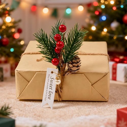 Artificial Pine Picks 6.5 Inch Christmas Decoration Set - Red Berries & Pinecones