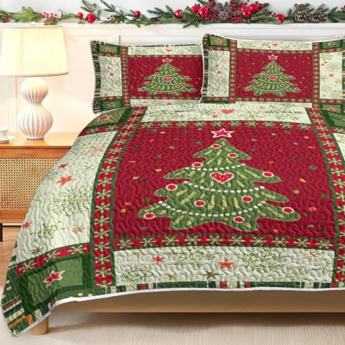 BlessLiving Christmas Patchwork King Quilt Set - Holiday Bedspread 3-Piece
