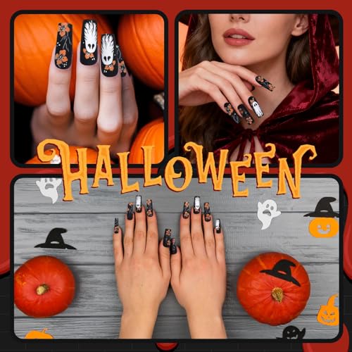 Habbiful Halloween Ghost Press on Nails Gothic Black Coffin Fake Nails