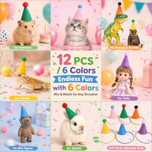 12 Pcs Mini Party Hats for Stuffed Animals, Figures, and Cake Toppers