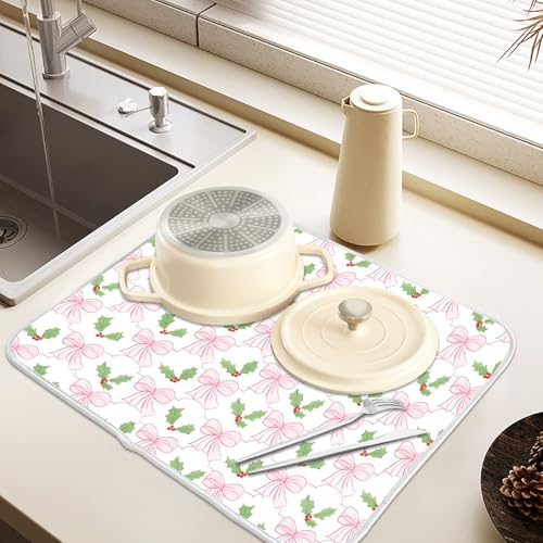 Pink Bow Dish Drying Mat - Absorbent Kitchen Drainer 18"x16"