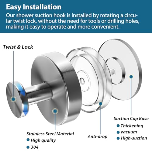 AbluFirst Suction Cup Hooks for Shower - 2 PCS Loofah-Silver, No-Drill Towel Holder, Waterproof & Rustproof, Holds Up to 15 lbs