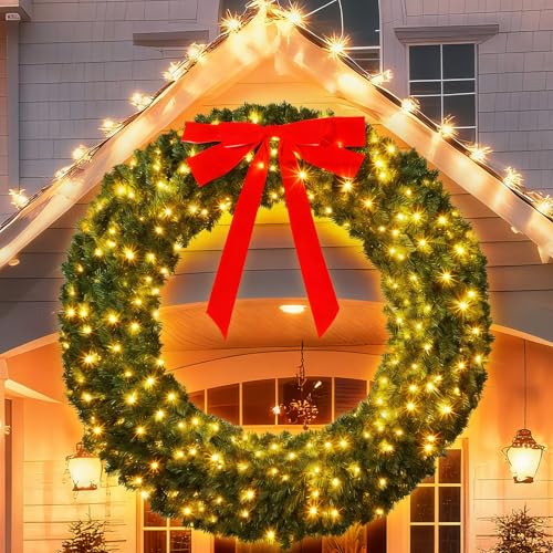 60 Inch Prelit Christmas Wreath with 300 Warm White LED Lights - Outdoor Indoor Holiday Decor