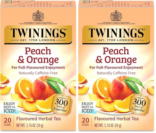 Twinings Peach & Orange Herbal Tea Bags, 20 Count (Pack of 2) - Caffeine-Free & Fruity