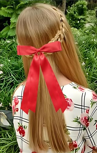 Satin Silk Long Tail Hair Bow Clip Red 2-Pack for Women and Girls