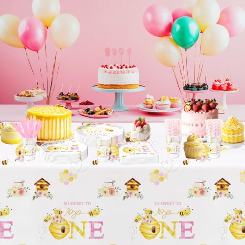 Bee 1st Birthday Party Tablecloth - Pink & Yellow Disposable Covers, 3 Pack
