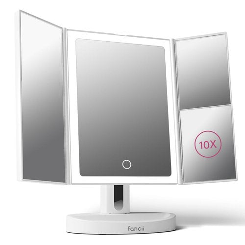 Fancii LED Lighted Vanity Makeup Mirror, Rechargeable Trifold Mirror with 5X & 10x Magnifications - 68 Dimmable Natural Lights, Touch Screen, Best Adjustable Make Up Mirror with Cosmetic Stand