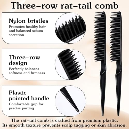 Neyauo 3-Row Hair Styling Comb Set with Rat Tail (2 Pcs)