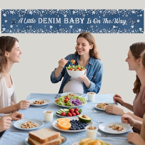 Cheereveal Denim & Diamond Baby Shower Yard Banner - Navy Blue & Silver
