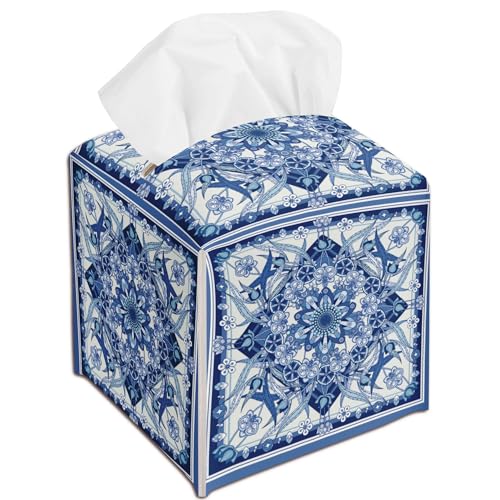 Boho Floral Tissue Box Cover Holder - Blue PU Leather Decor