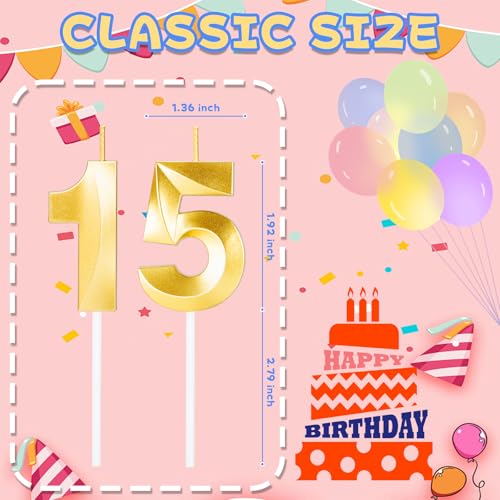 Gold Number 15 Birthday Candles | 15th Birthday Cake Topper