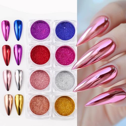 Metallic Chrome Nail Art Powder Set with Gold Silver Foils & Sponges