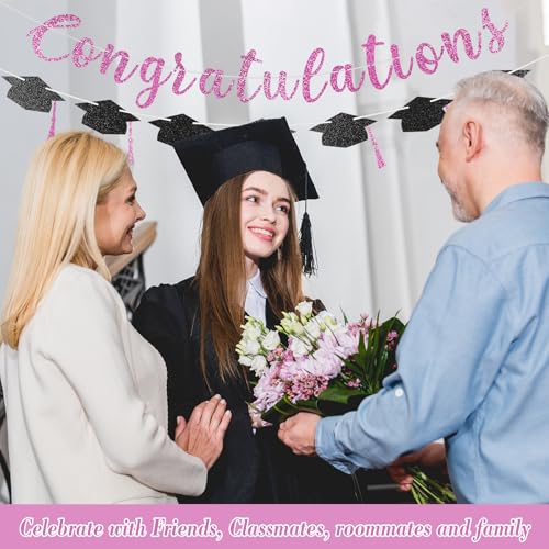 Pink Glitter Congratulations Banner for Graduation Party Class of 2026