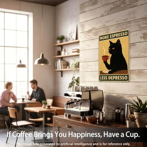 Black Coffee Cat Metal Sign - 8x12 Inch More Espresso Less Depresso Decor