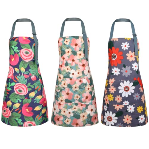 BOUMUSOE 3-Pack Floral Aprons for Women with Pocket - Red, Pink, Yellow