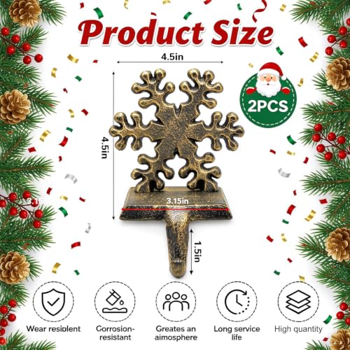 2 Pcs Snowflake Christmas Stocking Holders for Mantel - Rustic Cast Iron Hooks