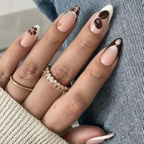 Brown French Tip Almond Press on Nails 3D Coffee Bean False Nails