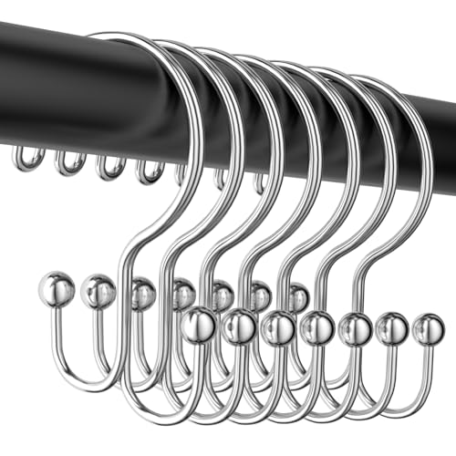 Rust Proof Silver Shower Curtain Hooks - 12 Pack, Anti-Drop Design
