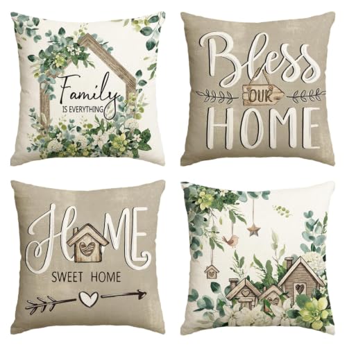 AVOIN colorlife 18x18 Inch Spring Floral Eucalyptus Pillow Covers Set of 4