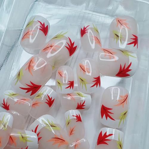 Fall Press On Nails Short Square Maple Leaf Glossy False Nails