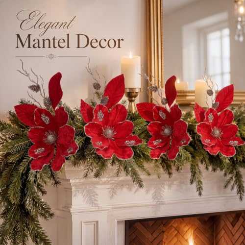 Christmas Magnolia Flower Picks Burgundy 6 Pcs 19-Inch Holiday Decor