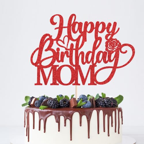 Red Glitter Happy Birthday Mom Cake Topper - Mother's Day Decor