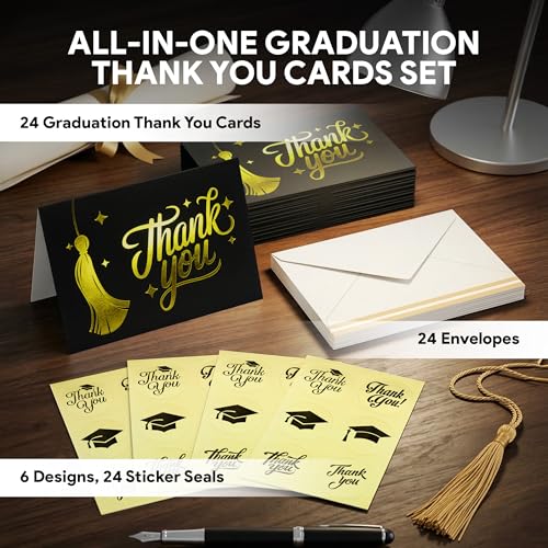 Gold-Foiled Graduation Thank You Cards, 24 Pack, 6x4in