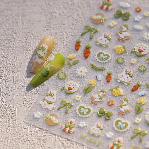 5D Embossed Easter Nail Stickers Green Flower Rabbit Self-Adhesive Decals