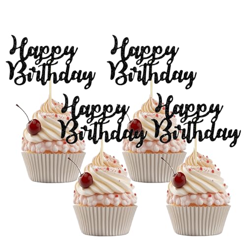 Happy Birthday Cupcake Toppers - 12 Pcs Black Glitter Decor