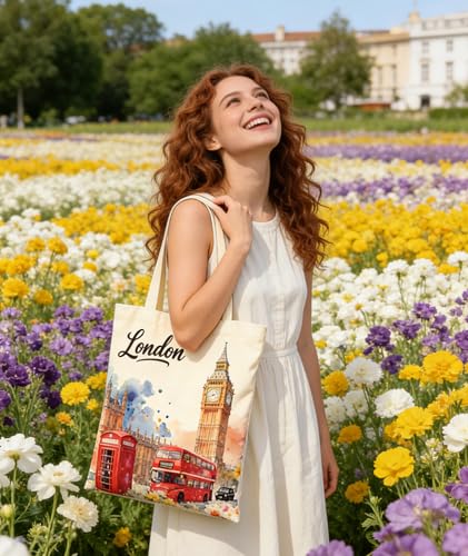 Lednica London Ocean Canvas Tote Bag with Inner Pockets & Metal Snap - Womens Reusable Vacation Travel Shopping Bag