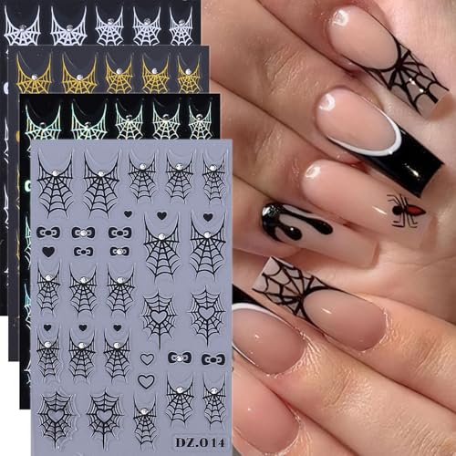 Spider Web Nail Art Stickers - 4 Sheets 3D Metallic Decals