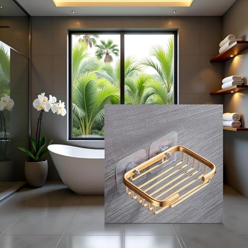 Gold Stainless Steel Soap Holder - Wall-Mounted, Drill-Free Bathroom Storage