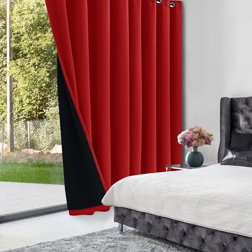 Deconovo 100% Blackout Curtains with Black Liner, Thermal Insulated Noise?Reducing Grommet Drapes, Double?Layer Room Darkening for Bedroom, Nursery, Home Office,1 Panels,Bright Red,100W x 95L