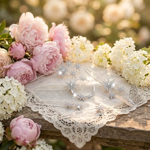 Star and Moon Rhinestone Hair Pins Set - 5 Pcs Silver Bridal Hair Jewelry