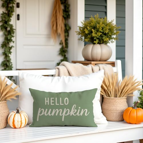 Sage Green Fall Throw Pillow Cover 12x20 | Hello Pumpkin Design