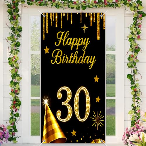 BlissYard 30th Birthday Door Cover 35x71 Inch Black and Gold Decor