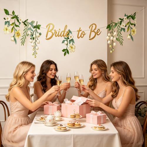 Bride to Be Floral Banner - Gold Glitter Bridal Shower Decor