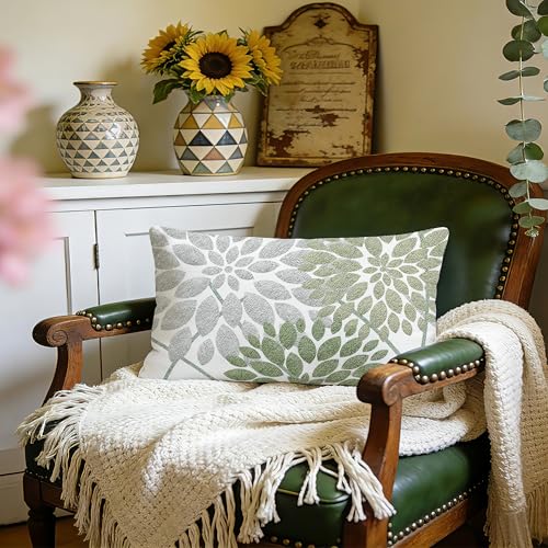 Sage Green Dahlia Boho Lumbar Pillow Cover 12x20 - Double-Sided Floral Design