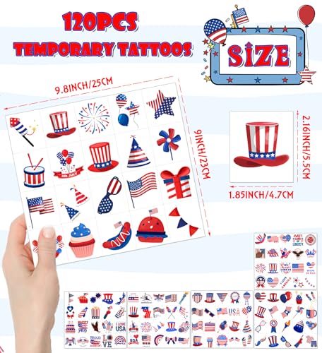 4th of July Temporary Tattoos - 120 PCS USA Flag Patriotic Designs