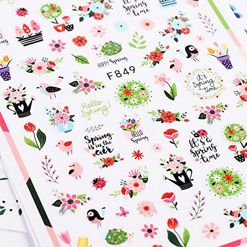 Spring Floral Nail Stickers 3D Self-Adhesive Blossom Daisy Decals 8 Sheets