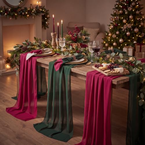 Christmas Chiffon Table Runners - Burgundy and Green, 6 Pieces